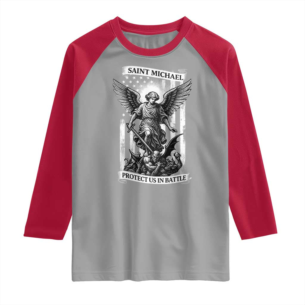 Saint Michael Protect Us In Battle Raglan Shirt American Flag Catholic Christian Faith TS11 Sport Gray Red Print Your Wear