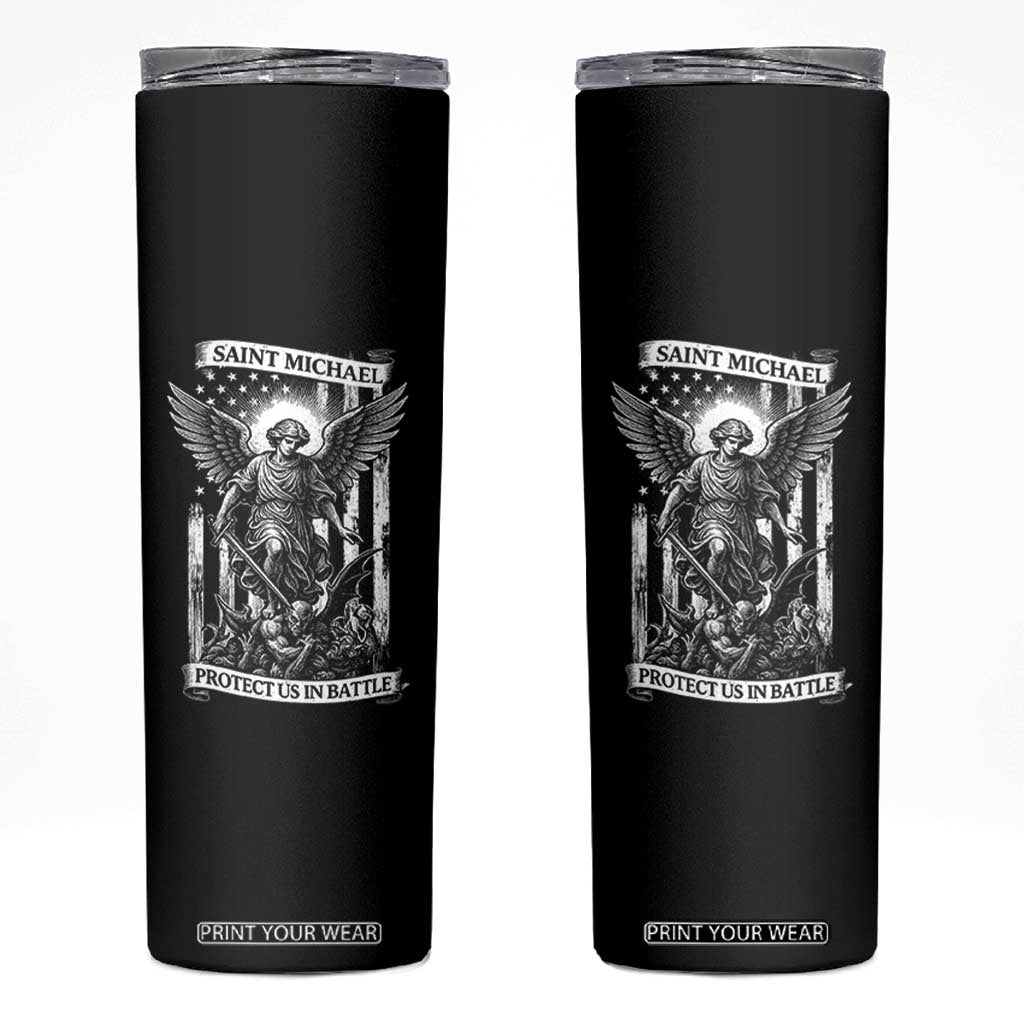Saint Michael Protect Us In Battle Skinny Tumbler American Flag Catholic Christian Faith TS11 Black Print Your Wear