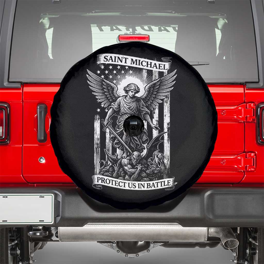Saint Michael Protect Us In Battle Spare Tire Cover American Flag Catholic Christian Faith TS11 Black Print Your Wear
