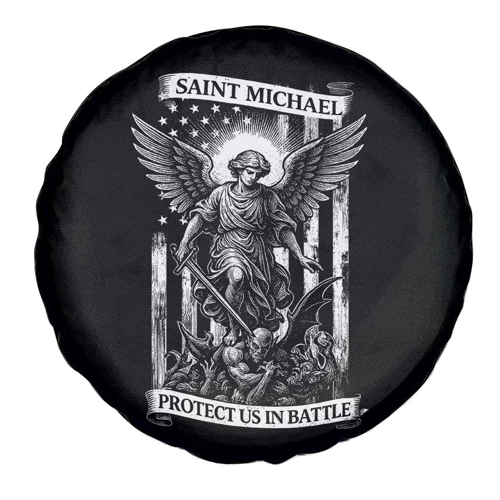 Saint Michael Protect Us In Battle Spare Tire Cover American Flag Catholic Christian Faith TS11 Print Your Wear