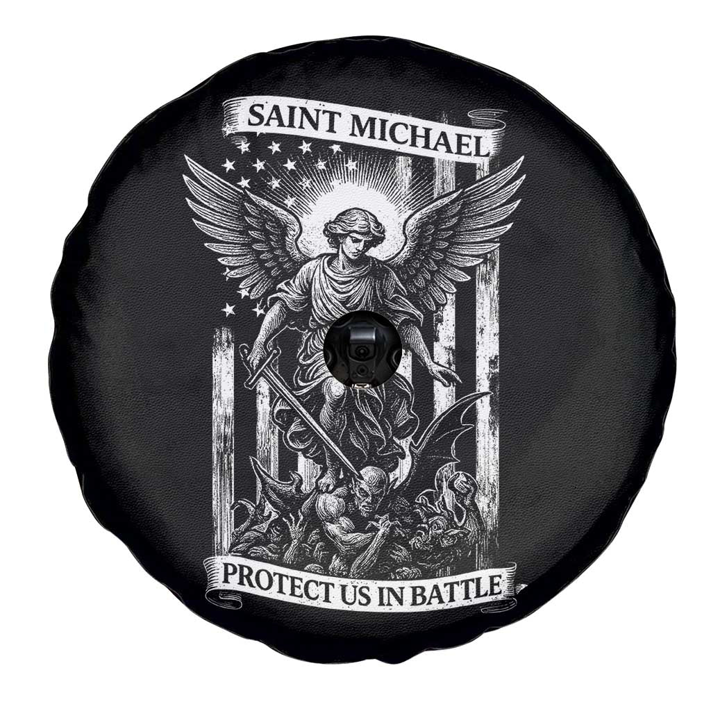 Saint Michael Protect Us In Battle Spare Tire Cover American Flag Catholic Christian Faith TS11 Print Your Wear
