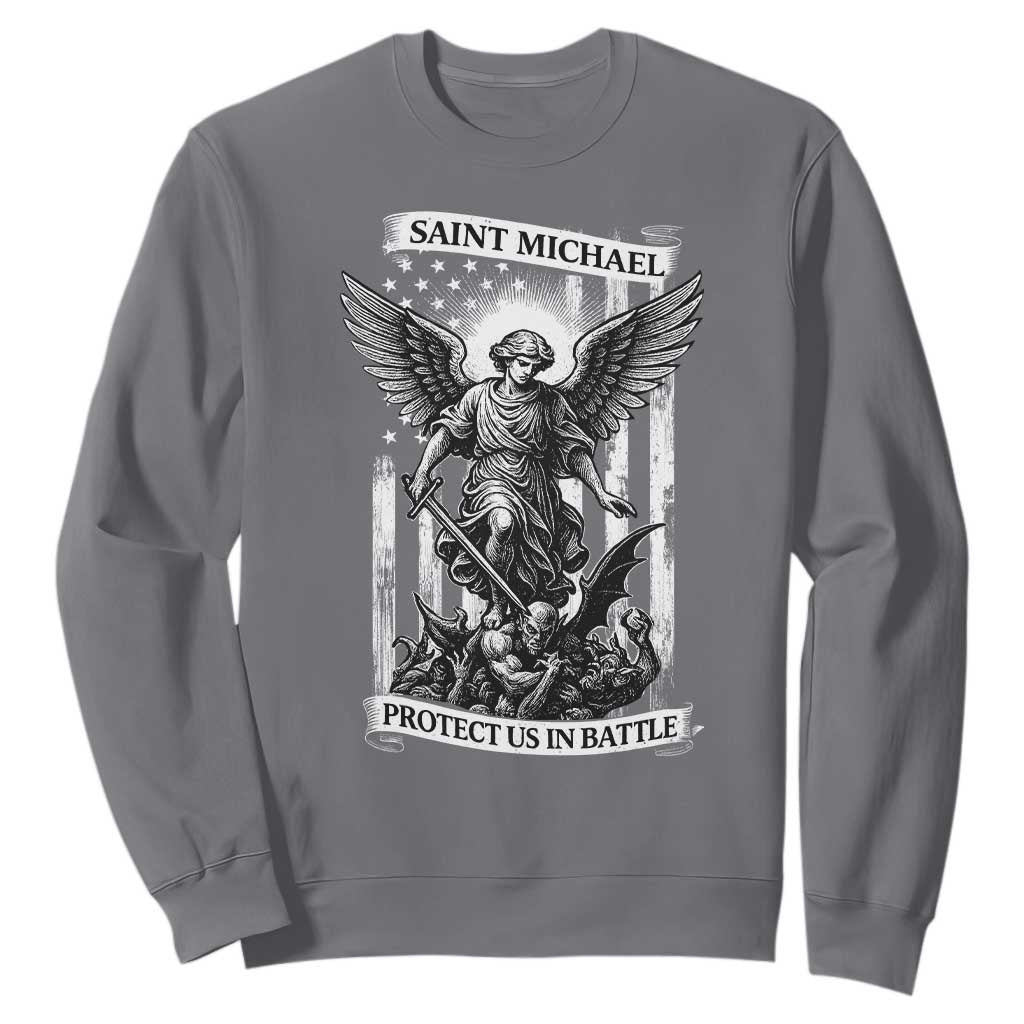 Saint Michael Protect Us In Battle Sweatshirt American Flag Catholic Christian Faith TS11 Charcoal Print Your Wear