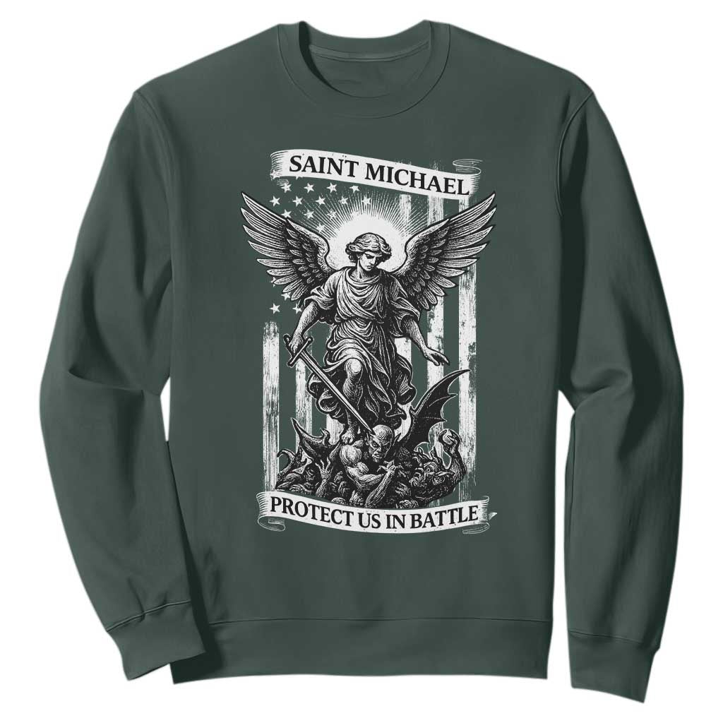 Saint Michael Protect Us In Battle Sweatshirt American Flag Catholic Christian Faith TS11 Dark Forest Green Print Your Wear