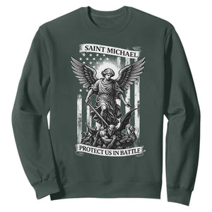 Saint Michael Protect Us In Battle Sweatshirt American Flag Catholic Christian Faith TS11 Dark Forest Green Print Your Wear