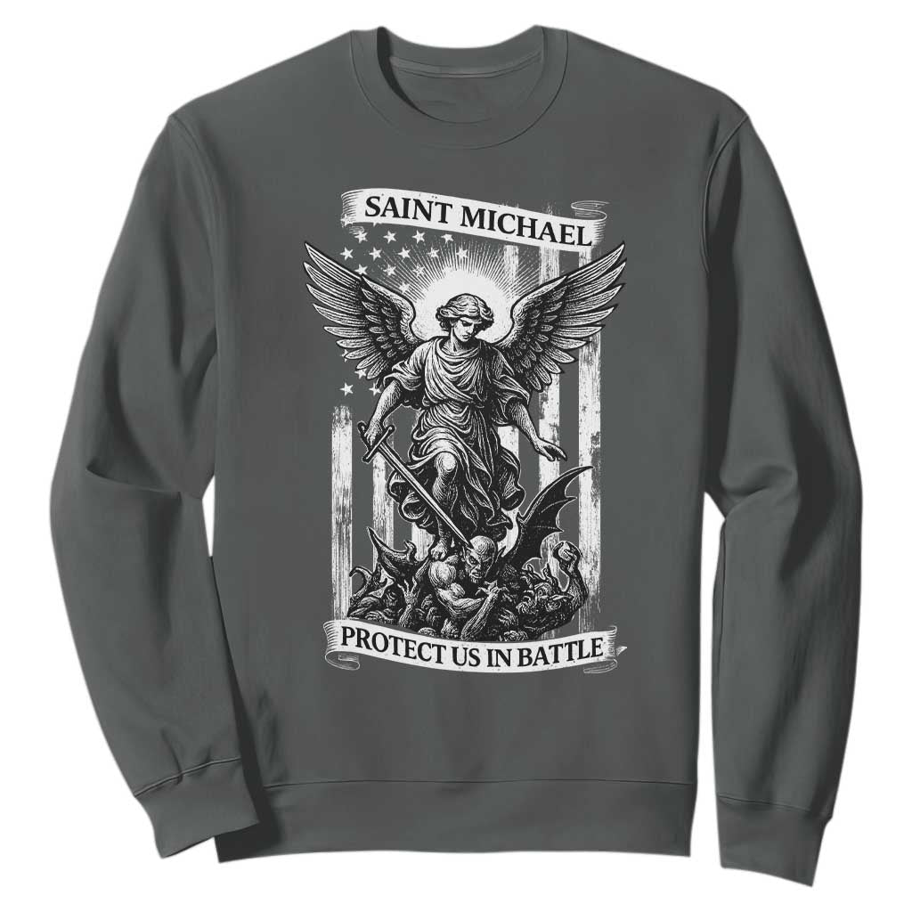 Saint Michael Protect Us In Battle Sweatshirt American Flag Catholic Christian Faith TS11 Dark Heather Print Your Wear