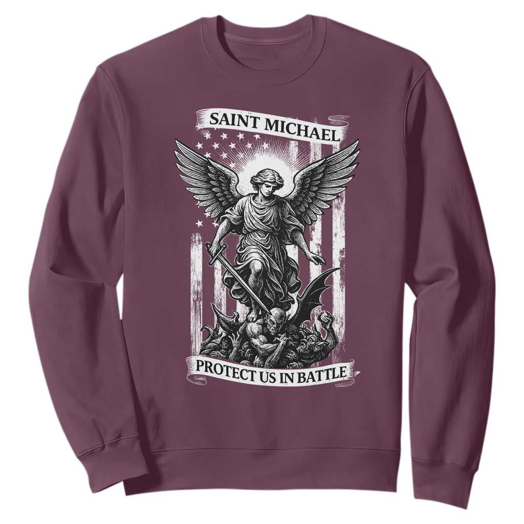 Saint Michael Protect Us In Battle Sweatshirt American Flag Catholic Christian Faith TS11 Maroon Print Your Wear