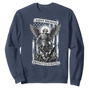 Saint Michael Protect Us In Battle Sweatshirt American Flag Catholic Christian Faith TS11 Navy Print Your Wear