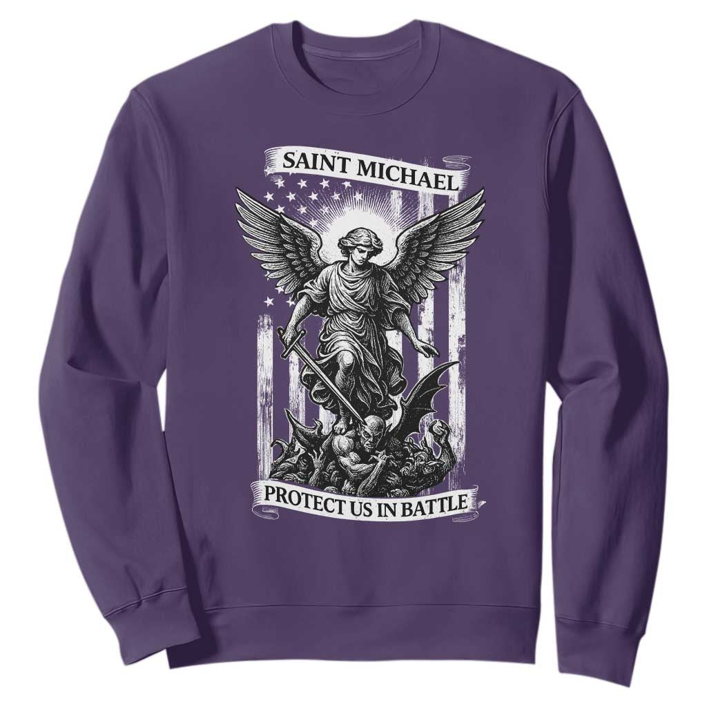 Saint Michael Protect Us In Battle Sweatshirt American Flag Catholic Christian Faith TS11 Purple Print Your Wear