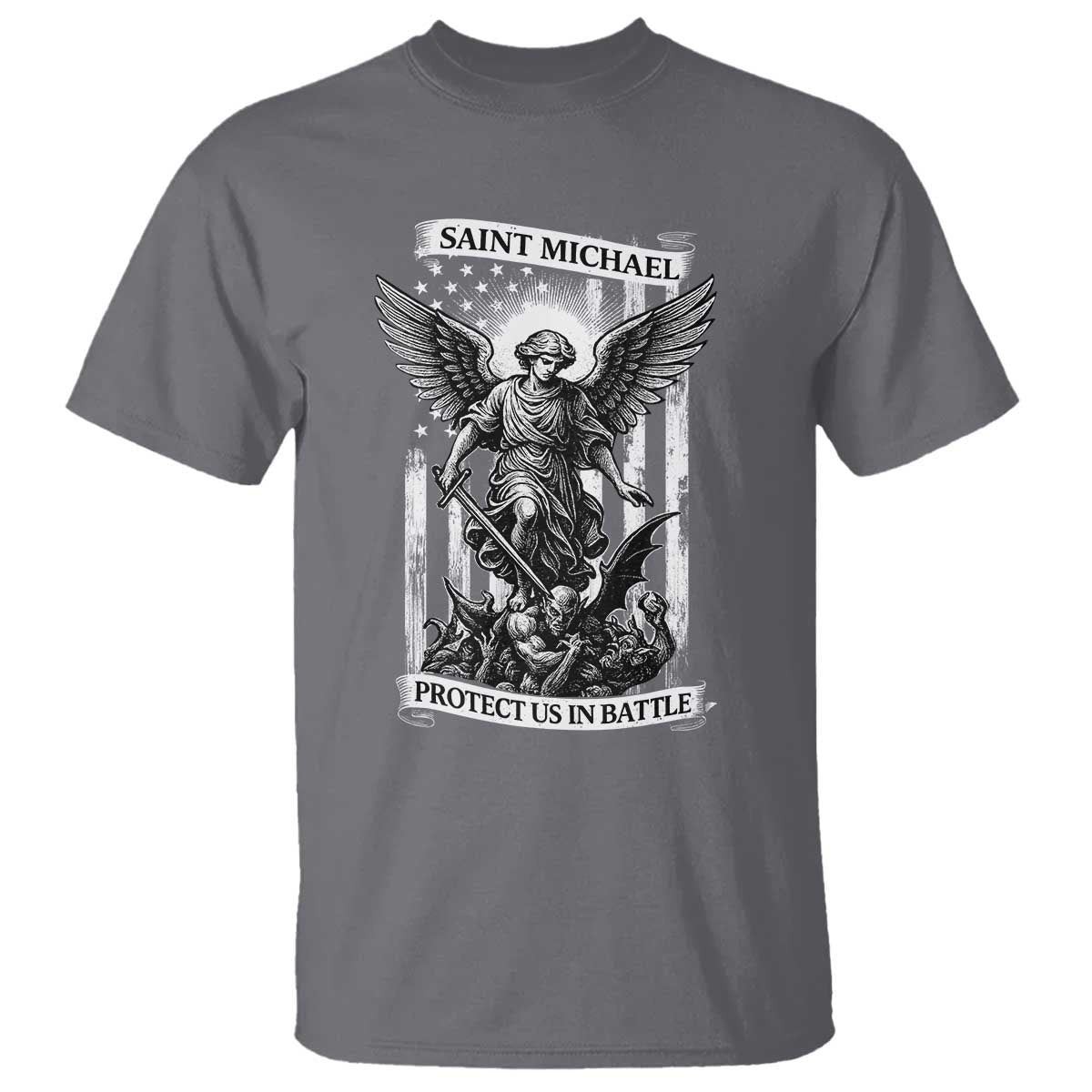 Saint Michael Protect Us In Battle T Shirt American Flag Catholic Christian Faith TS11 Charcoal Print Your Wear