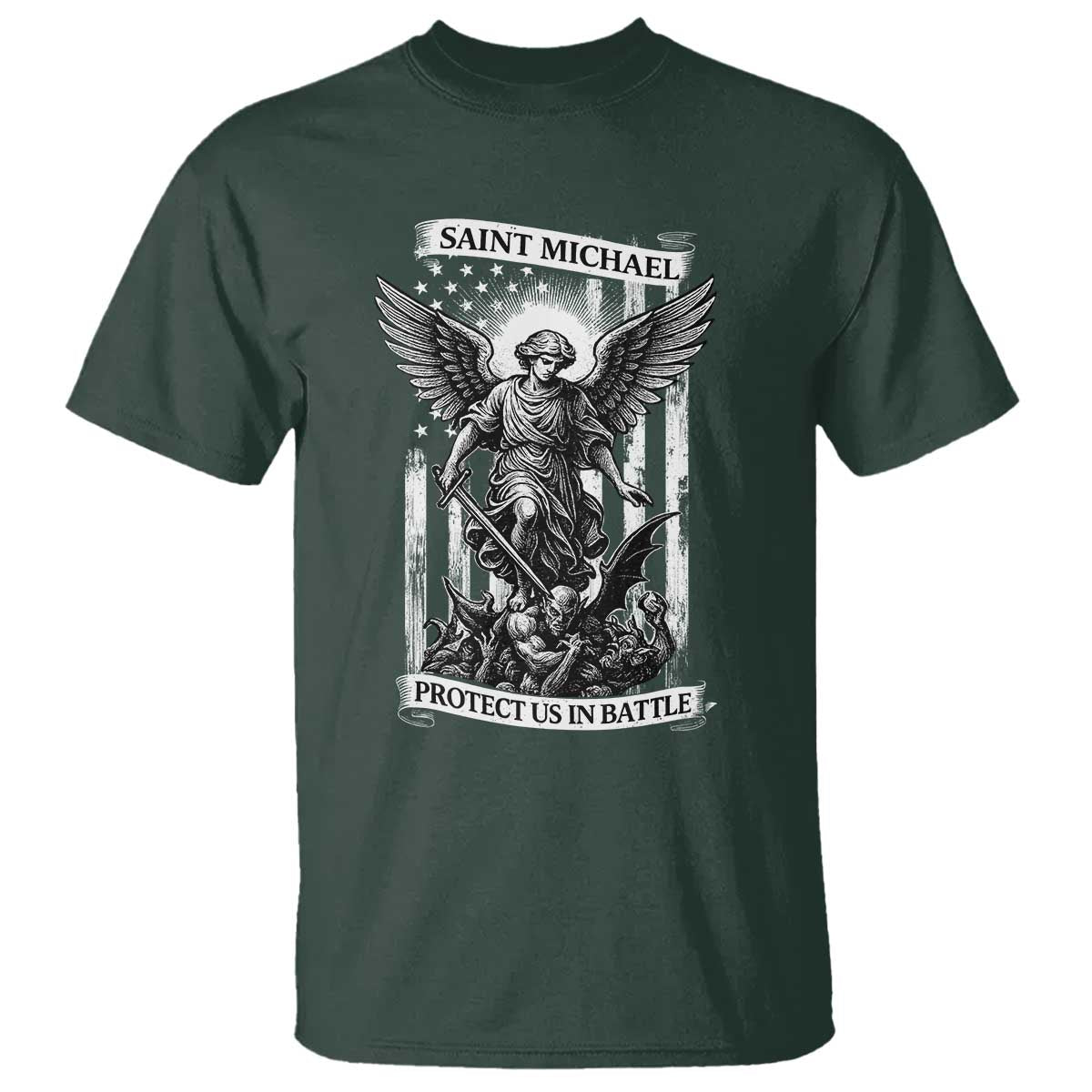 Saint Michael Protect Us In Battle T Shirt American Flag Catholic Christian Faith TS11 Dark Forest Green Print Your Wear