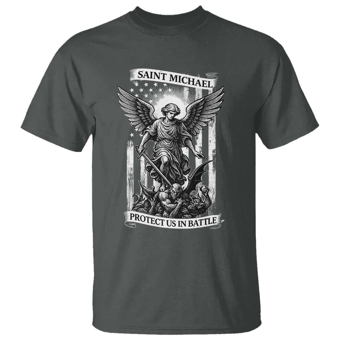 Saint Michael Protect Us In Battle T Shirt American Flag Catholic Christian Faith TS11 Dark Heather Print Your Wear