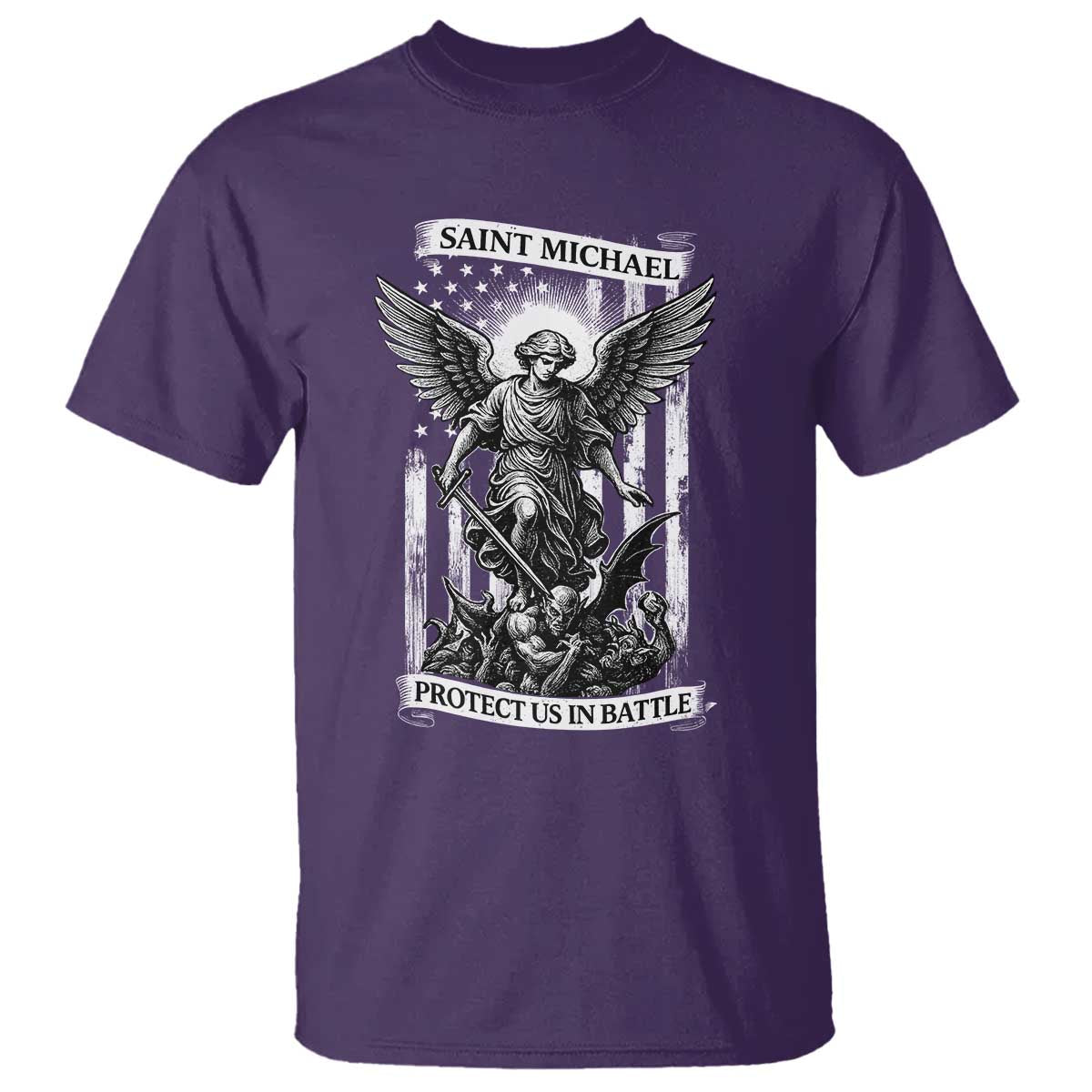 Saint Michael Protect Us In Battle T Shirt American Flag Catholic Christian Faith TS11 Purple Print Your Wear