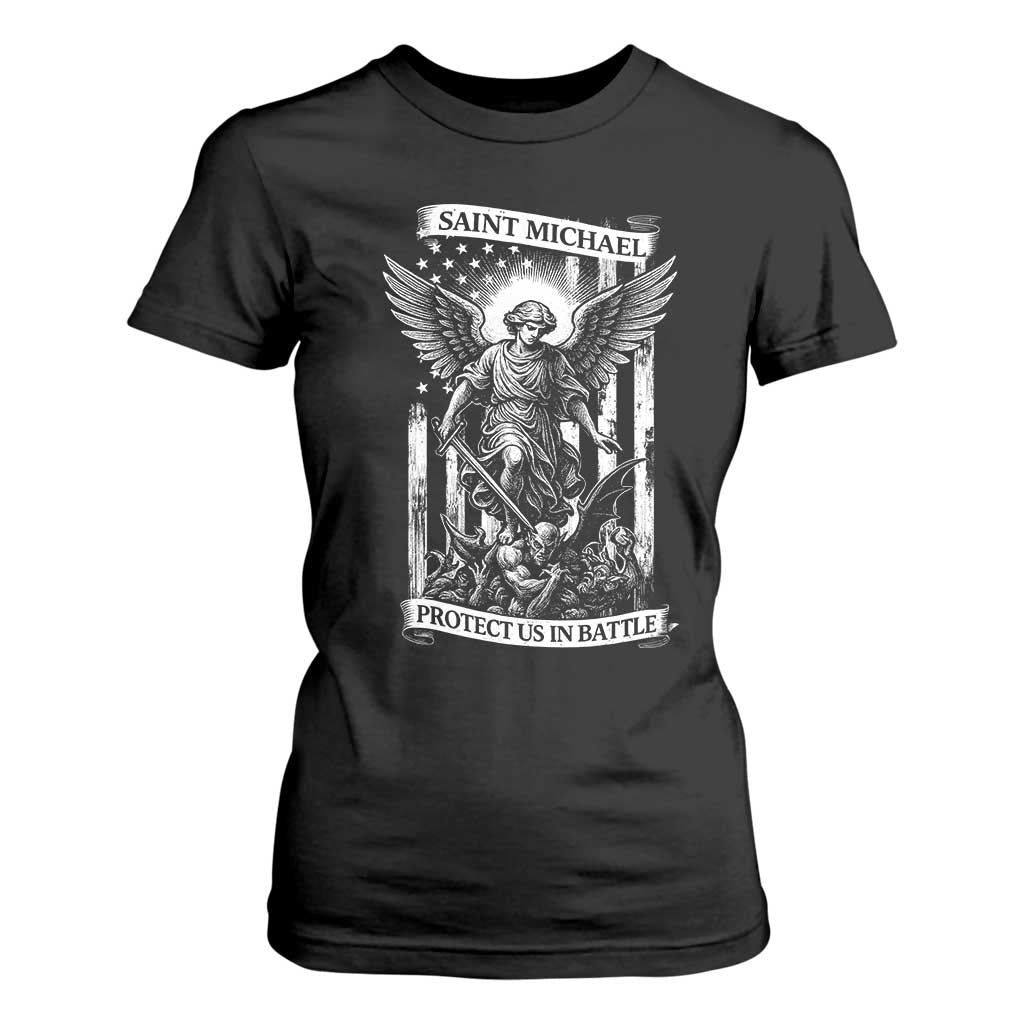 Saint Michael Protect Us In Battle T Shirt For Women American Flag Catholic Christian Faith TS11 Black Print Your Wear