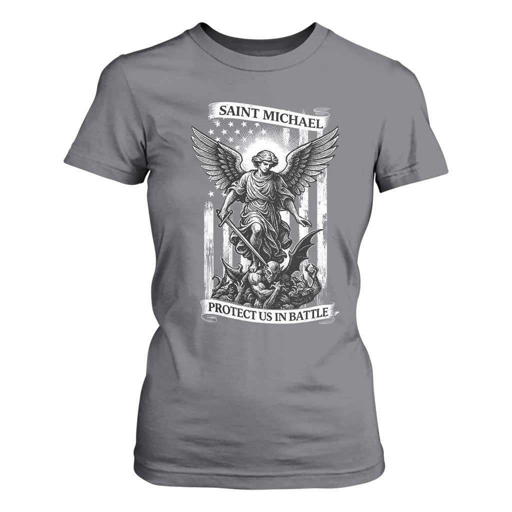 Saint Michael Protect Us In Battle T Shirt For Women American Flag Catholic Christian Faith TS11 Charcoal Print Your Wear