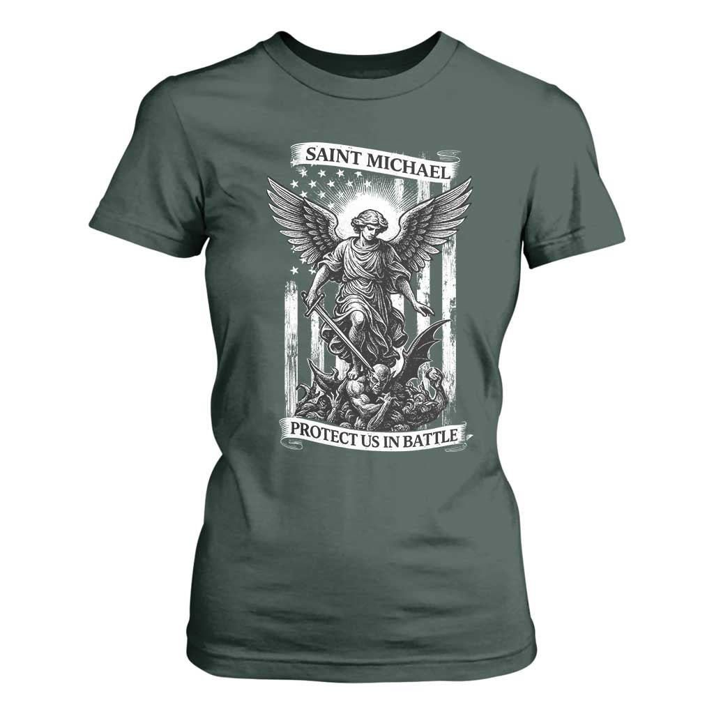 Saint Michael Protect Us In Battle T Shirt For Women American Flag Catholic Christian Faith TS11 Dark Forest Green Print Your Wear