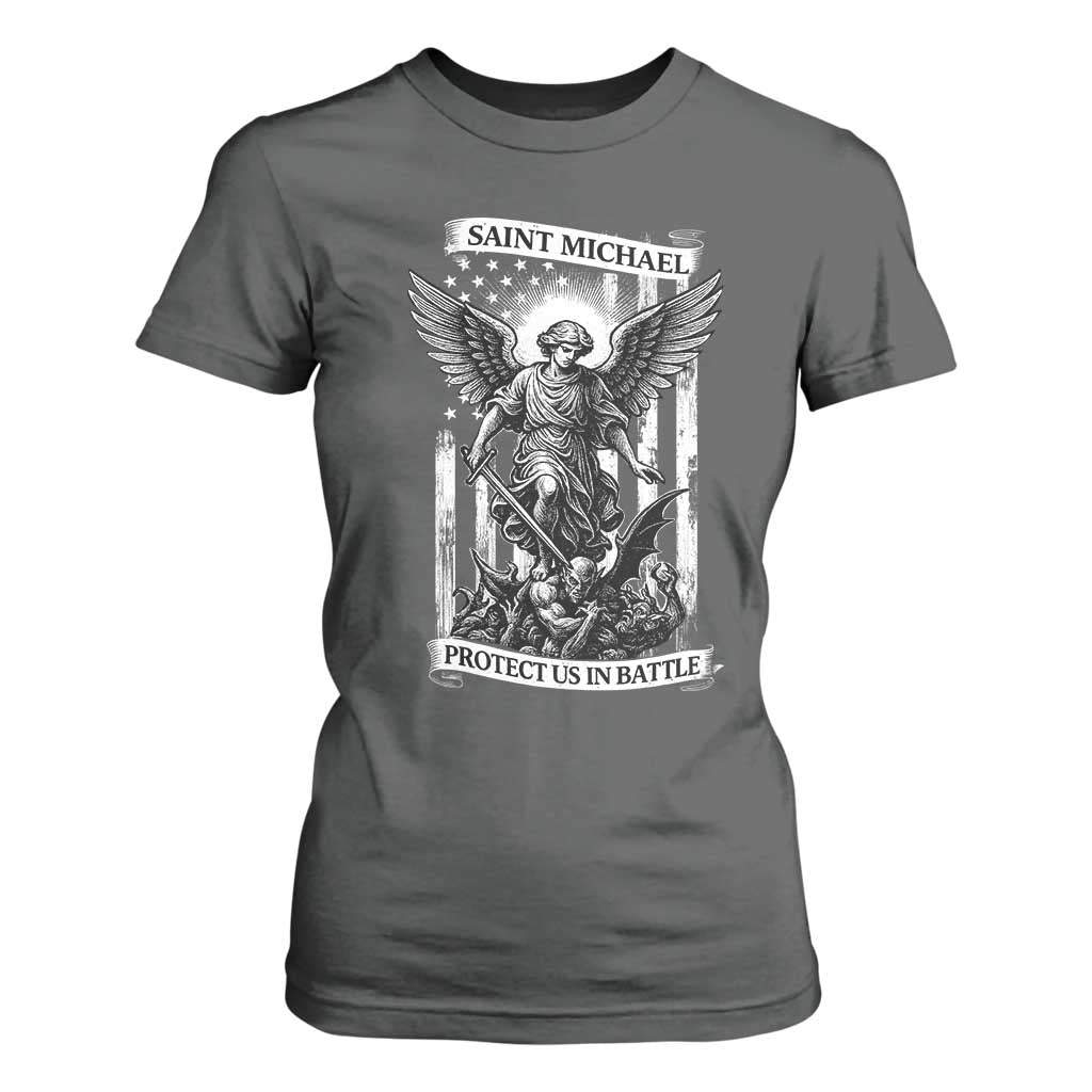 Saint Michael Protect Us In Battle T Shirt For Women American Flag Catholic Christian Faith TS11 Dark Heather Print Your Wear