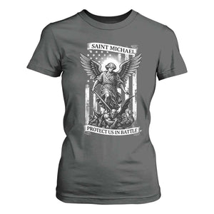Saint Michael Protect Us In Battle T Shirt For Women American Flag Catholic Christian Faith TS11 Dark Heather Print Your Wear