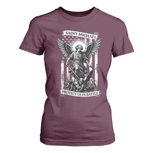 Saint Michael Protect Us In Battle T Shirt For Women American Flag Catholic Christian Faith TS11 Maroon Print Your Wear