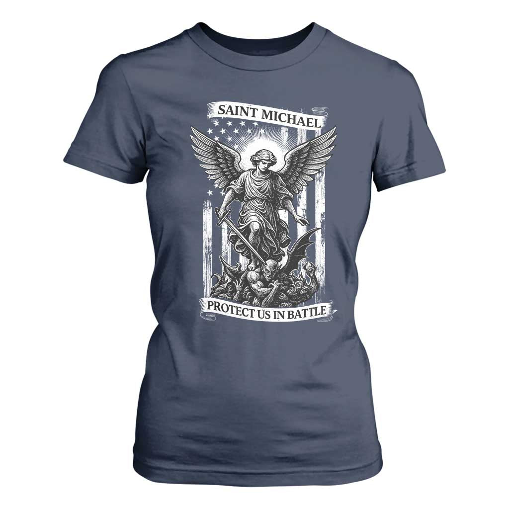 Saint Michael Protect Us In Battle T Shirt For Women American Flag Catholic Christian Faith TS11 Navy Print Your Wear