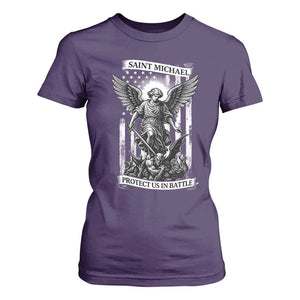 Saint Michael Protect Us In Battle T Shirt For Women American Flag Catholic Christian Faith TS11 Purple Print Your Wear