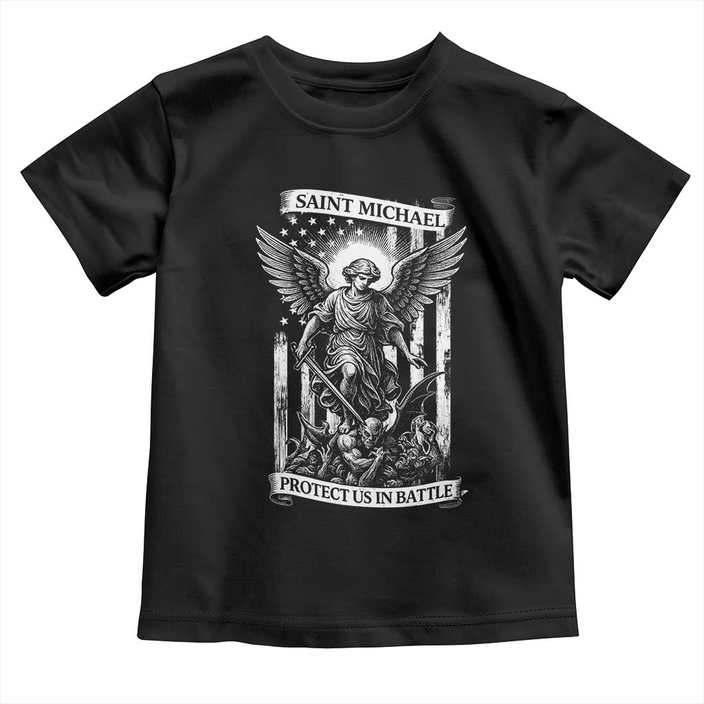 Saint Michael Protect Us In Battle Toddler T Shirt American Flag Catholic Christian Faith TS11 Black Print Your Wear