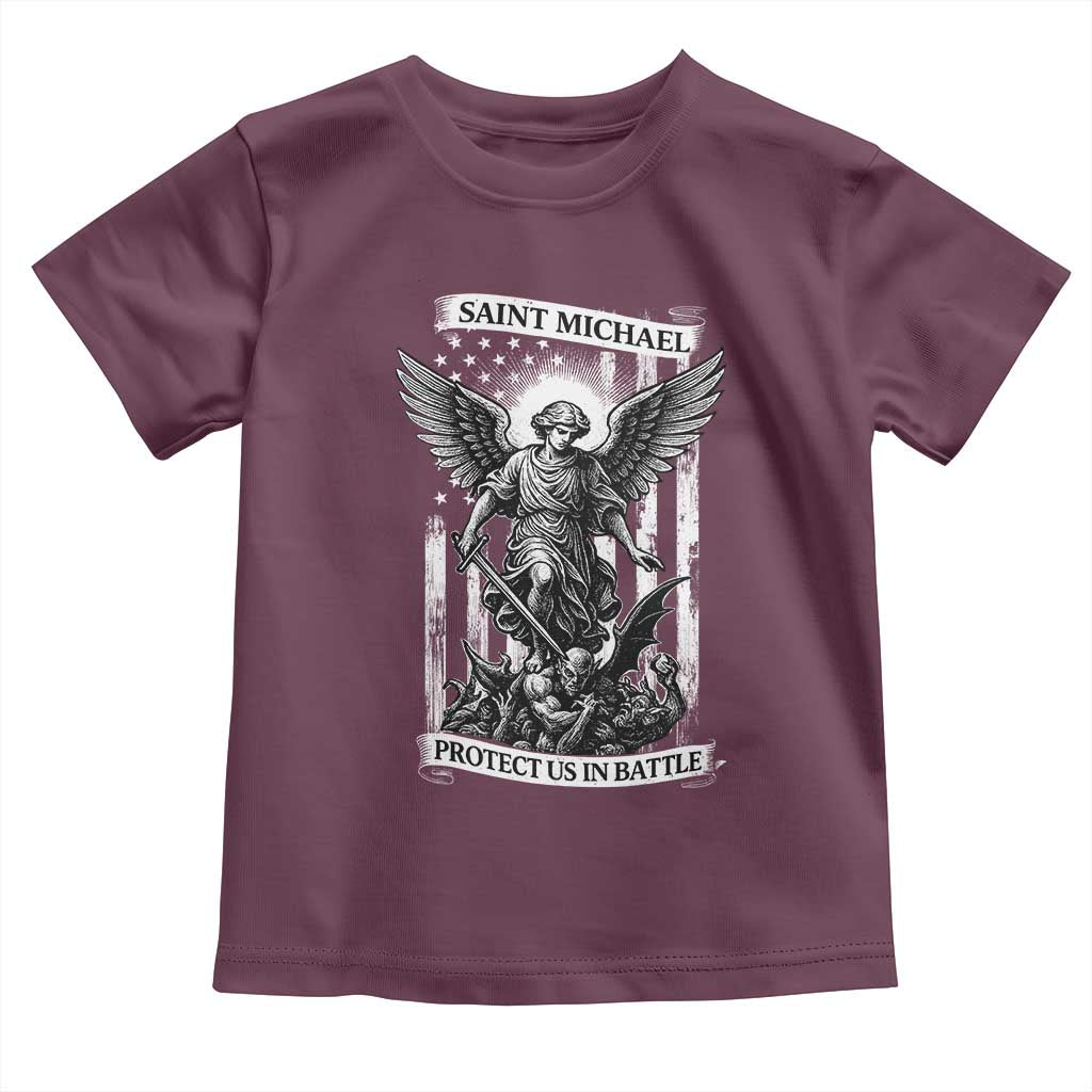 Saint Michael Protect Us In Battle Toddler T Shirt American Flag Catholic Christian Faith TS11 Maroon Print Your Wear
