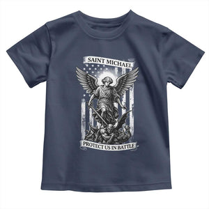 Saint Michael Protect Us In Battle Toddler T Shirt American Flag Catholic Christian Faith TS11 Navy Print Your Wear