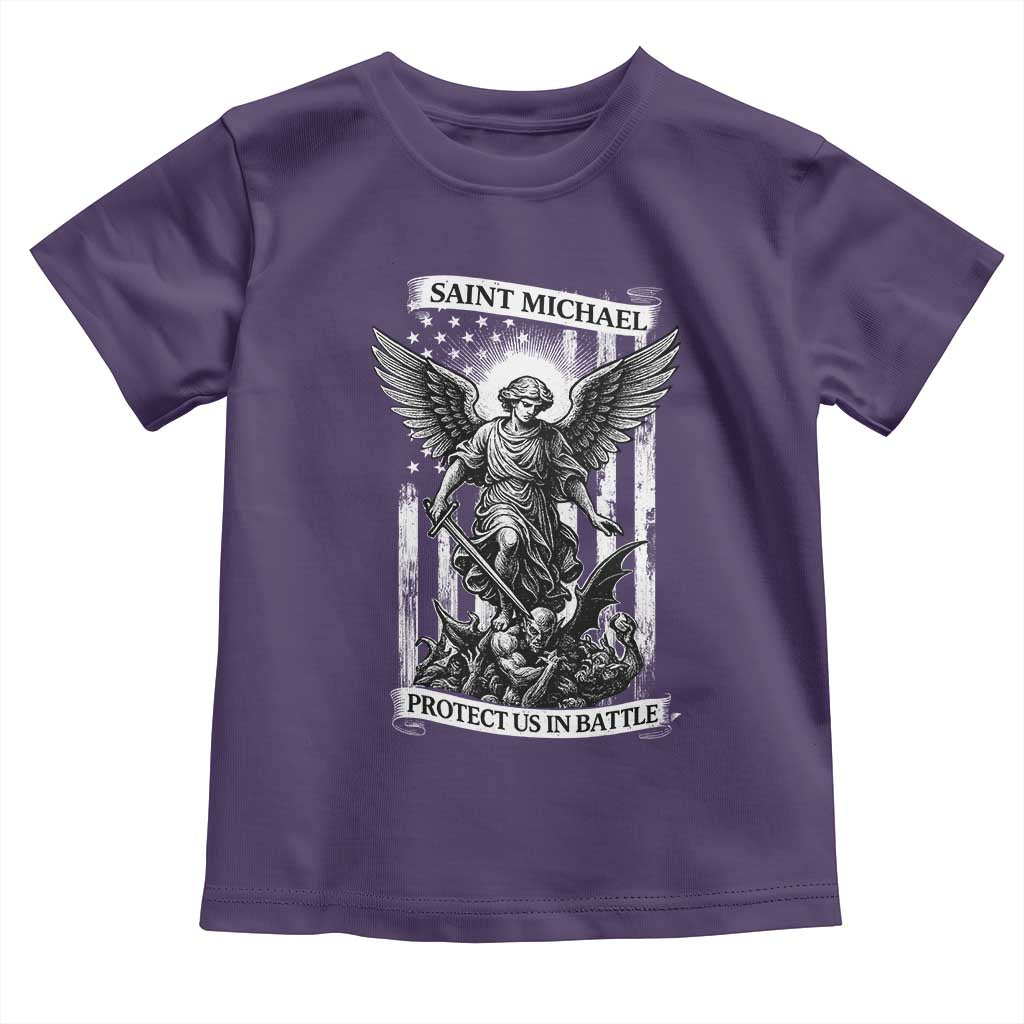 Saint Michael Protect Us In Battle Toddler T Shirt American Flag Catholic Christian Faith TS11 Purple Print Your Wear