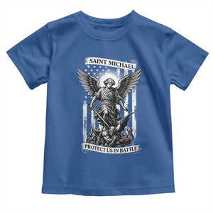 Saint Michael Protect Us In Battle Toddler T Shirt American Flag Catholic Christian Faith TS11 Royal Blue Print Your Wear