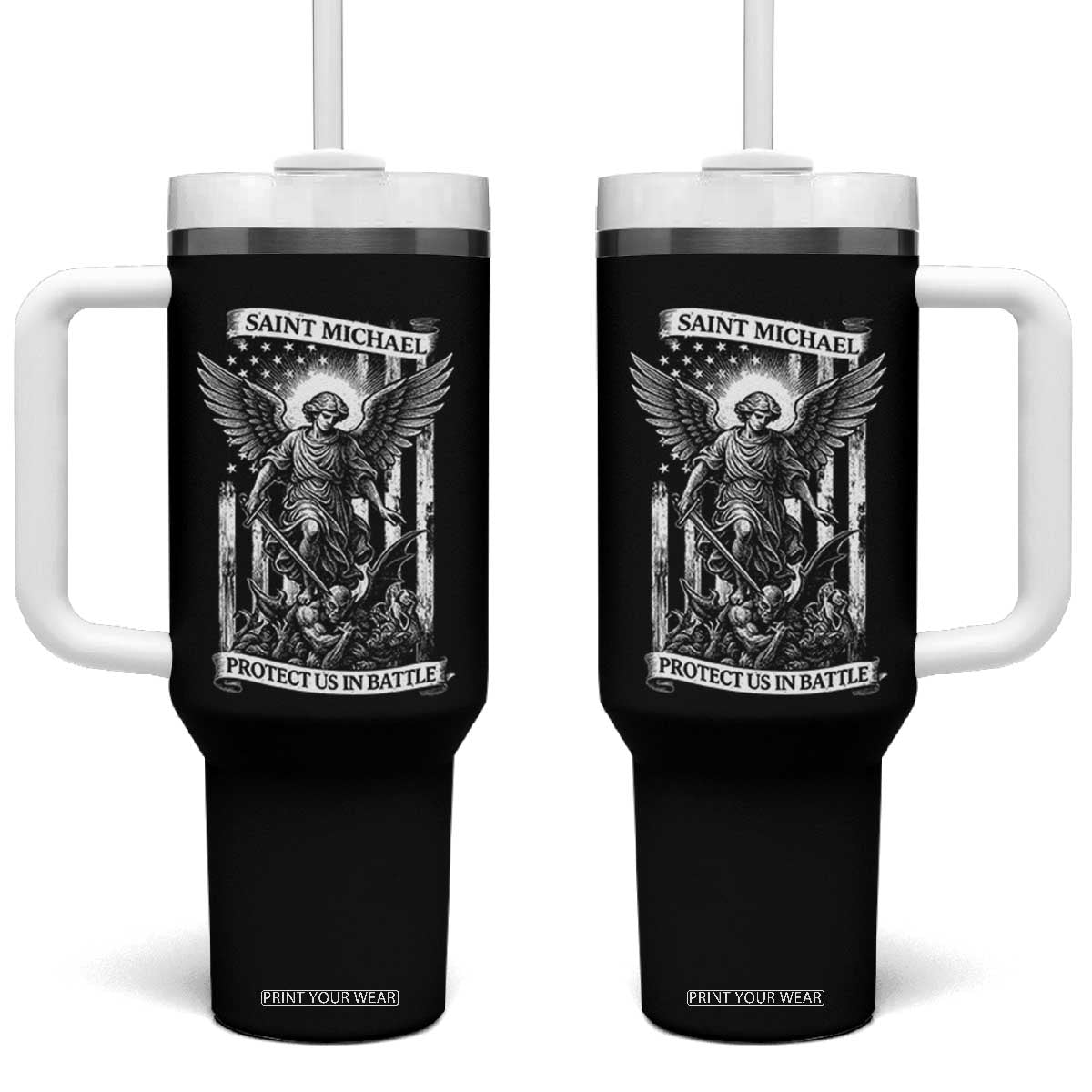 Saint Michael Protect Us In Battle Tumbler With Handle American Flag Catholic Christian Faith TS11 One Size: 40 oz Black Print Your Wear