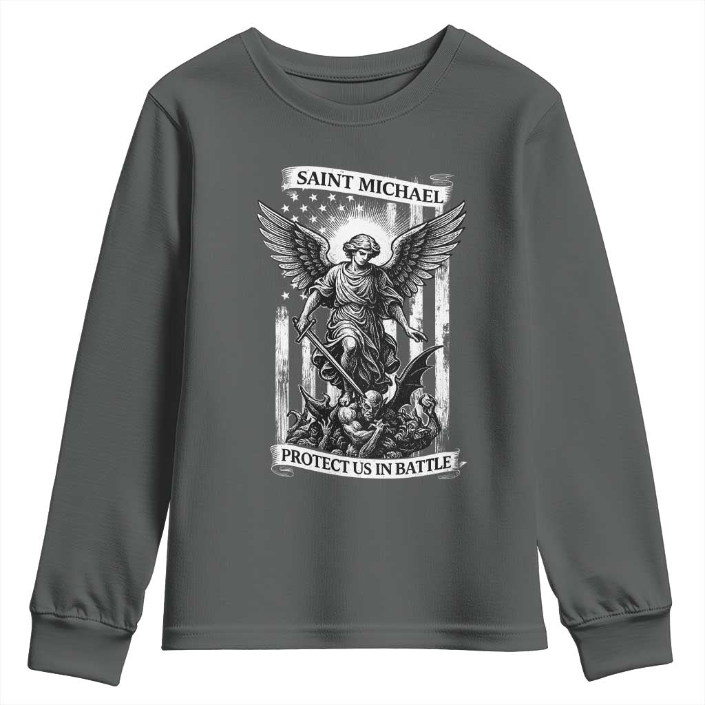 Saint Michael Protect Us In Battle Youth Sweatshirt American Flag Catholic Christian Faith TS11 Dark Heather Print Your Wear