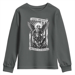 Saint Michael Protect Us In Battle Youth Sweatshirt American Flag Catholic Christian Faith TS11 Dark Heather Print Your Wear