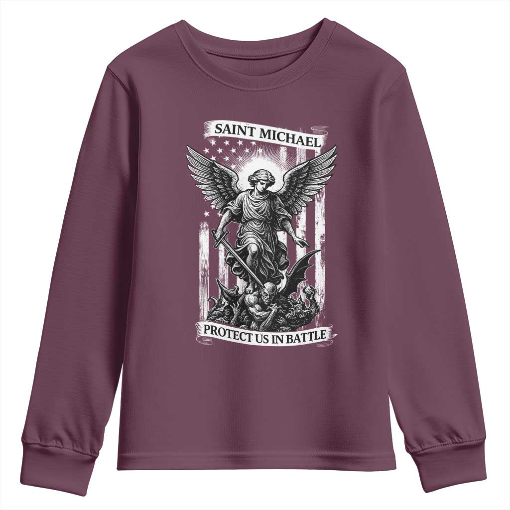 Saint Michael Protect Us In Battle Youth Sweatshirt American Flag Catholic Christian Faith TS11 Maroon Print Your Wear
