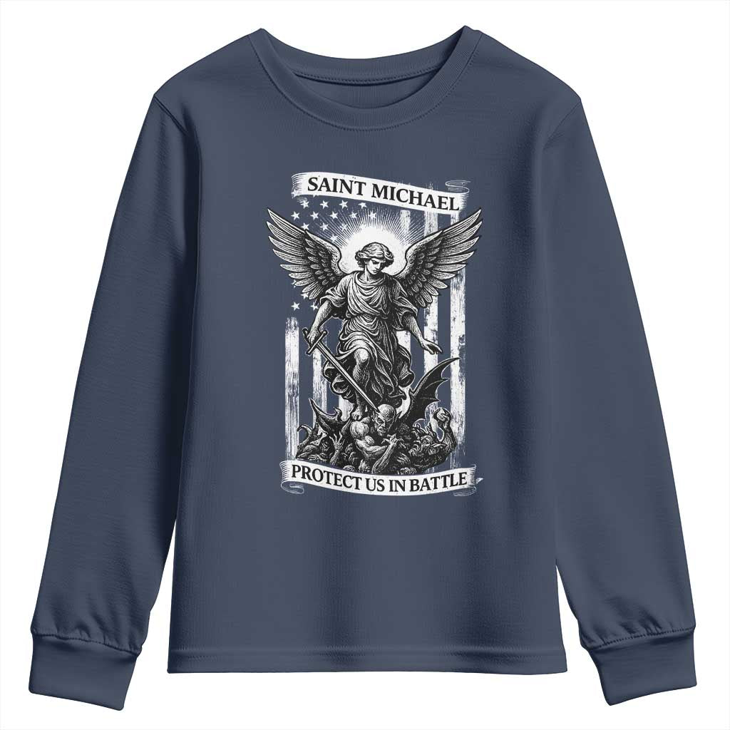 Saint Michael Protect Us In Battle Youth Sweatshirt American Flag Catholic Christian Faith TS11 Navy Print Your Wear
