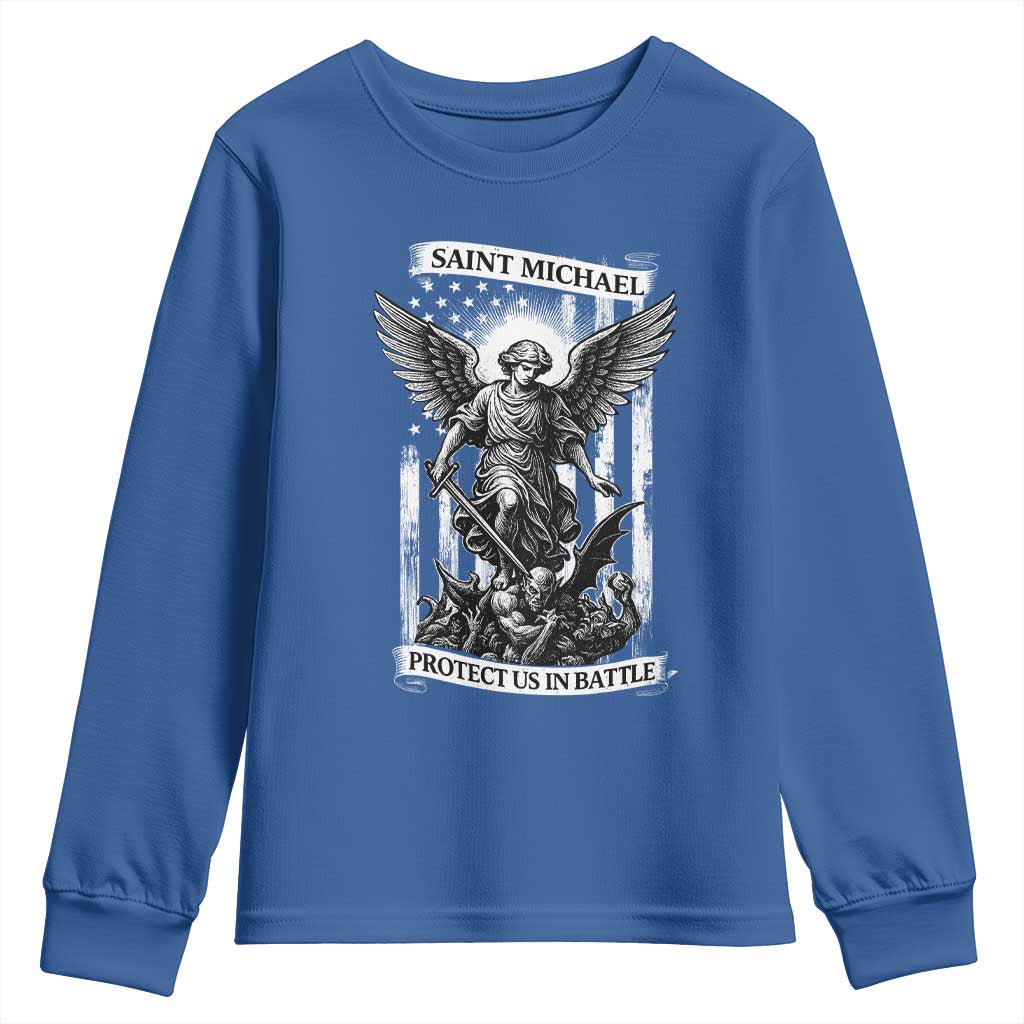 Saint Michael Protect Us In Battle Youth Sweatshirt American Flag Catholic Christian Faith TS11 Royal Blue Print Your Wear