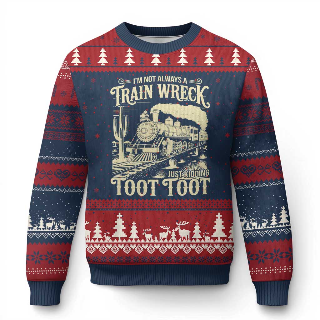 Funny I Am Not Always A Train Wreck Just Kidding Toot Toot Ugly Christmas Sweater TS11 Navy Red Print Your Wear