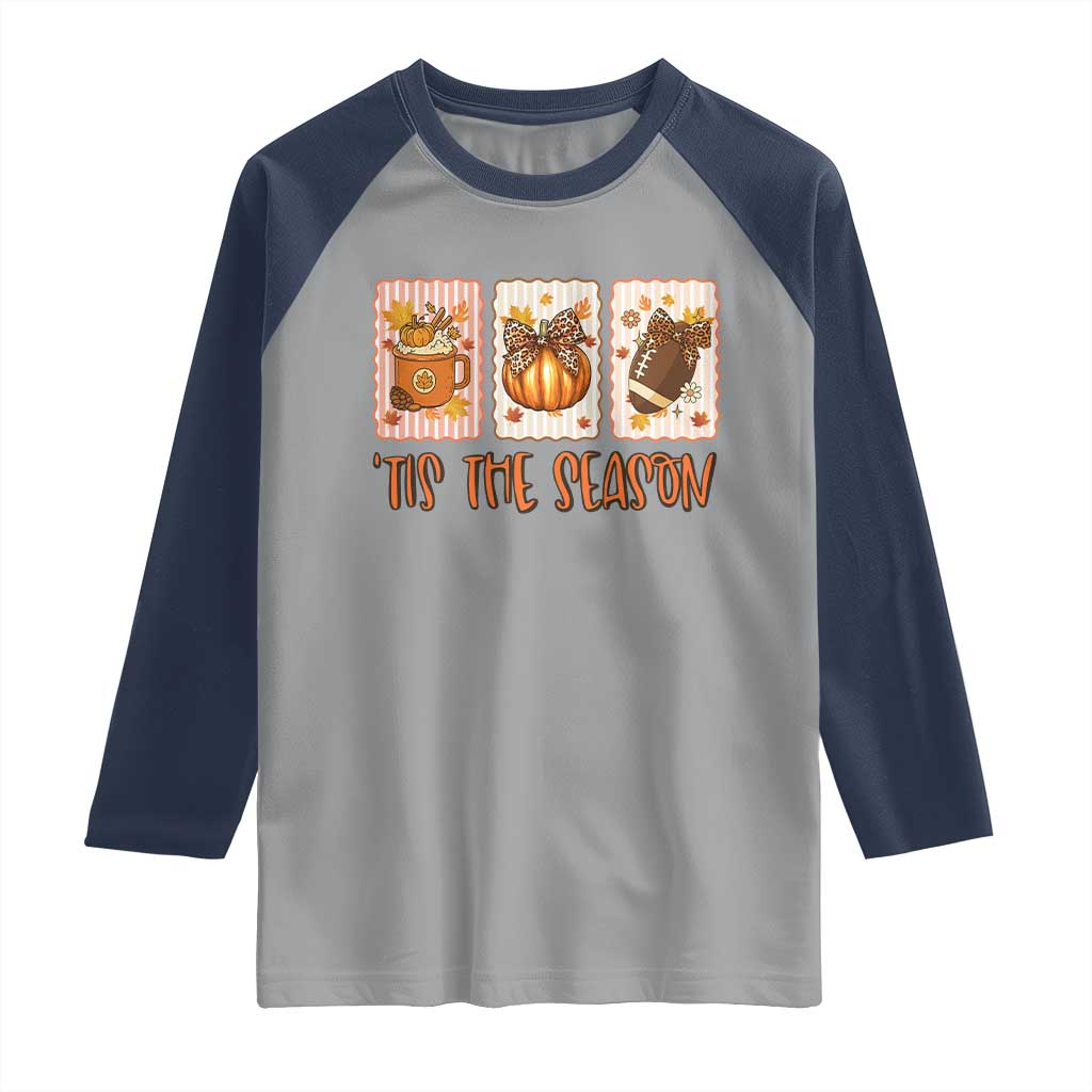 Tis The Season Fall Thanksgiving Raglan Shirt American Football Pumpkin Postage Stamps TS11 Sport Gray Navy Print Your Wear