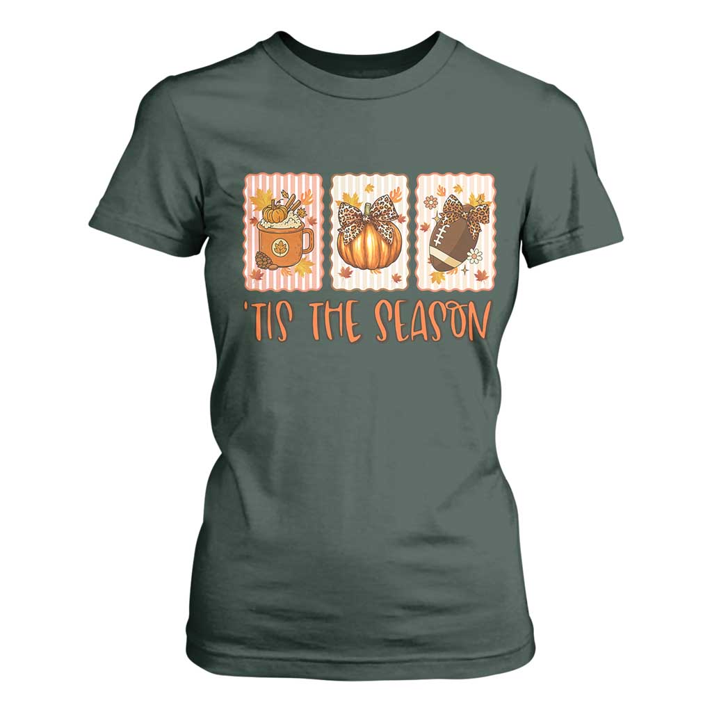 Tis The Season Fall Thanksgiving T Shirt For Women American Football Pumpkin Postage Stamps TS11 Dark Forest Green Print Your Wear