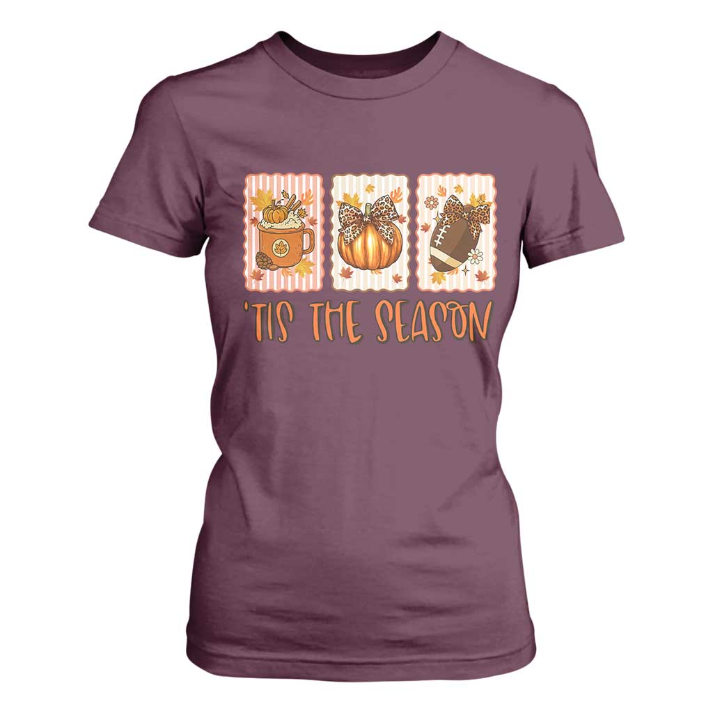 Tis The Season Fall Thanksgiving T Shirt For Women American Football Pumpkin Postage Stamps TS11 Maroon Print Your Wear