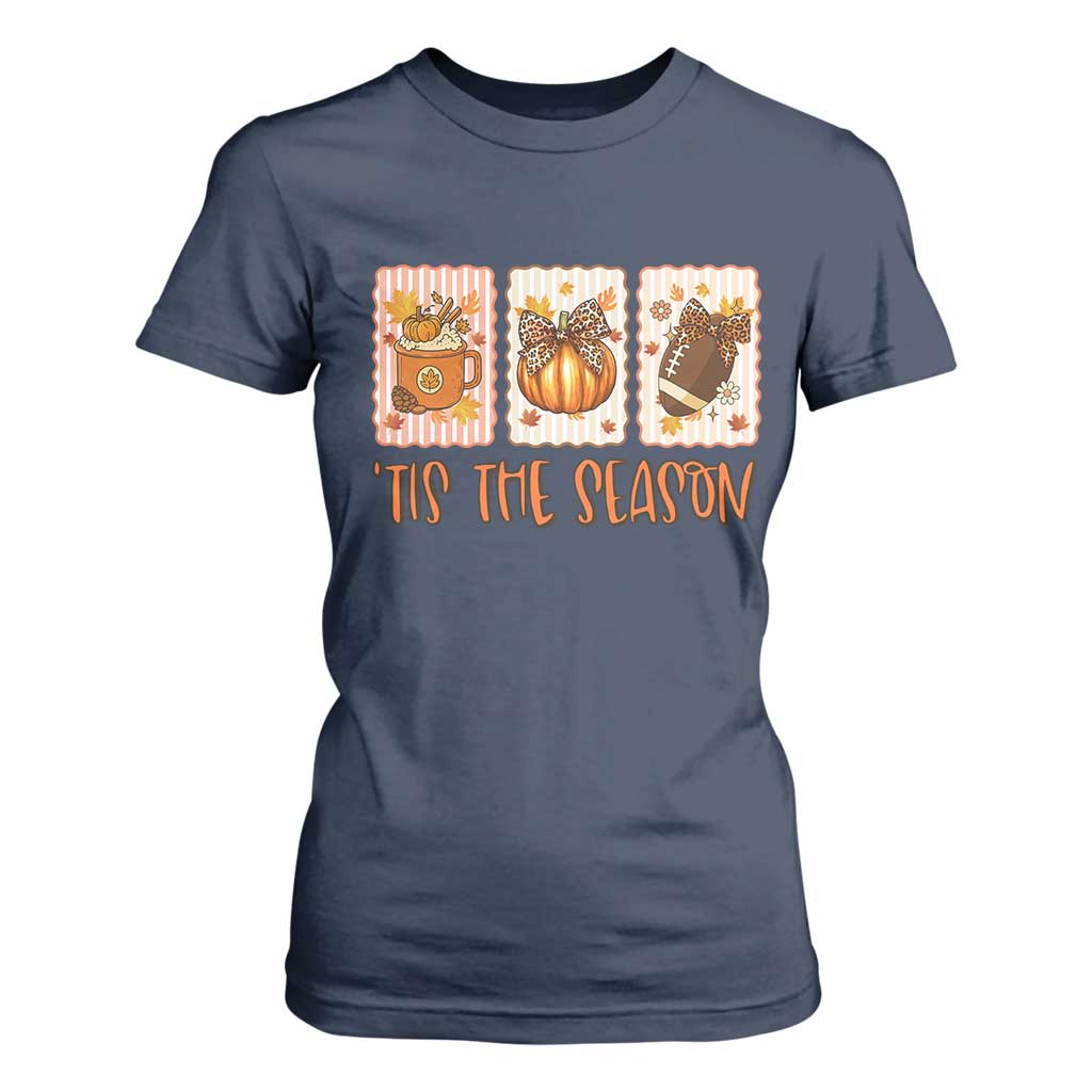 Tis The Season Fall Thanksgiving T Shirt For Women American Football Pumpkin Postage Stamps TS11 Navy Print Your Wear
