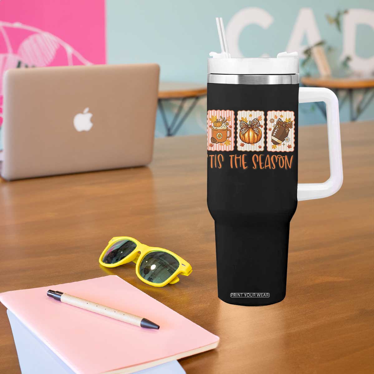 Tis The Season Fall Thanksgiving Tumbler With Handle American Football Pumpkin Postage Stamps TS11 Print Your Wear