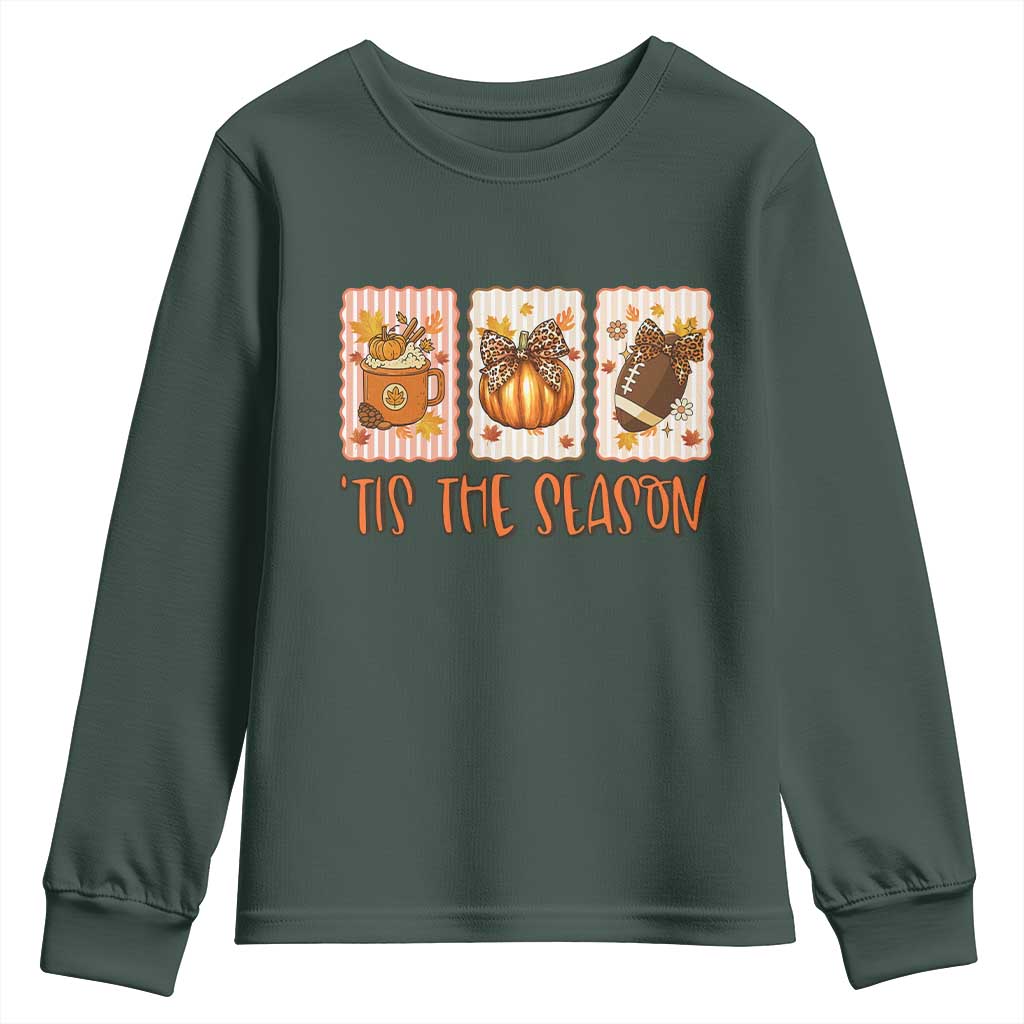 Tis The Season Fall Thanksgiving Youth Sweatshirt American Football Pumpkin Postage Stamps TS11 Dark Forest Green Print Your Wear