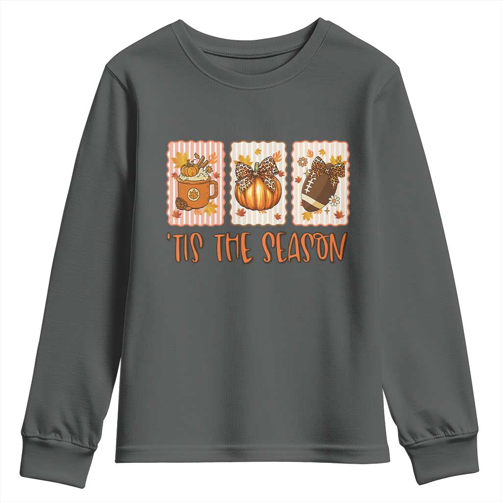 Tis The Season Fall Thanksgiving Youth Sweatshirt American Football Pumpkin Postage Stamps TS11 Dark Heather Print Your Wear