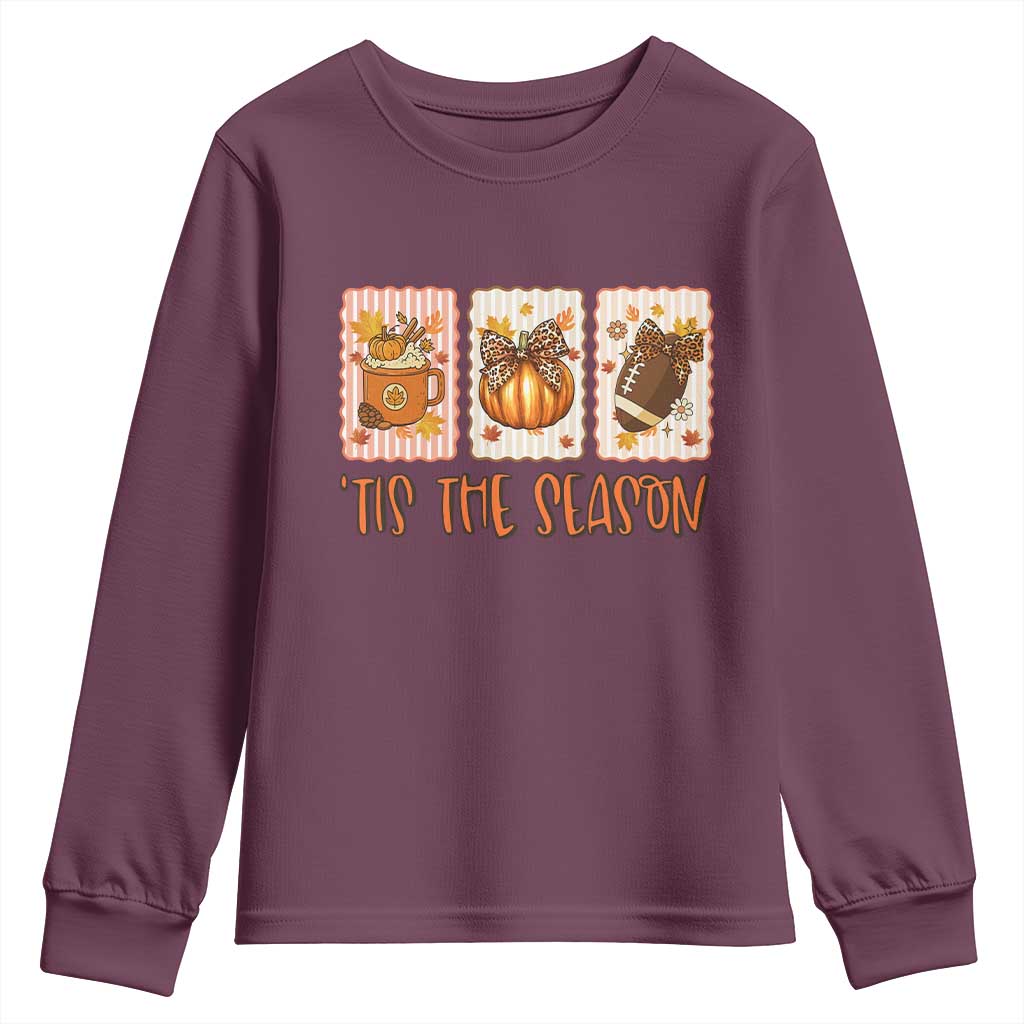 Tis The Season Fall Thanksgiving Youth Sweatshirt American Football Pumpkin Postage Stamps TS11 Maroon Print Your Wear