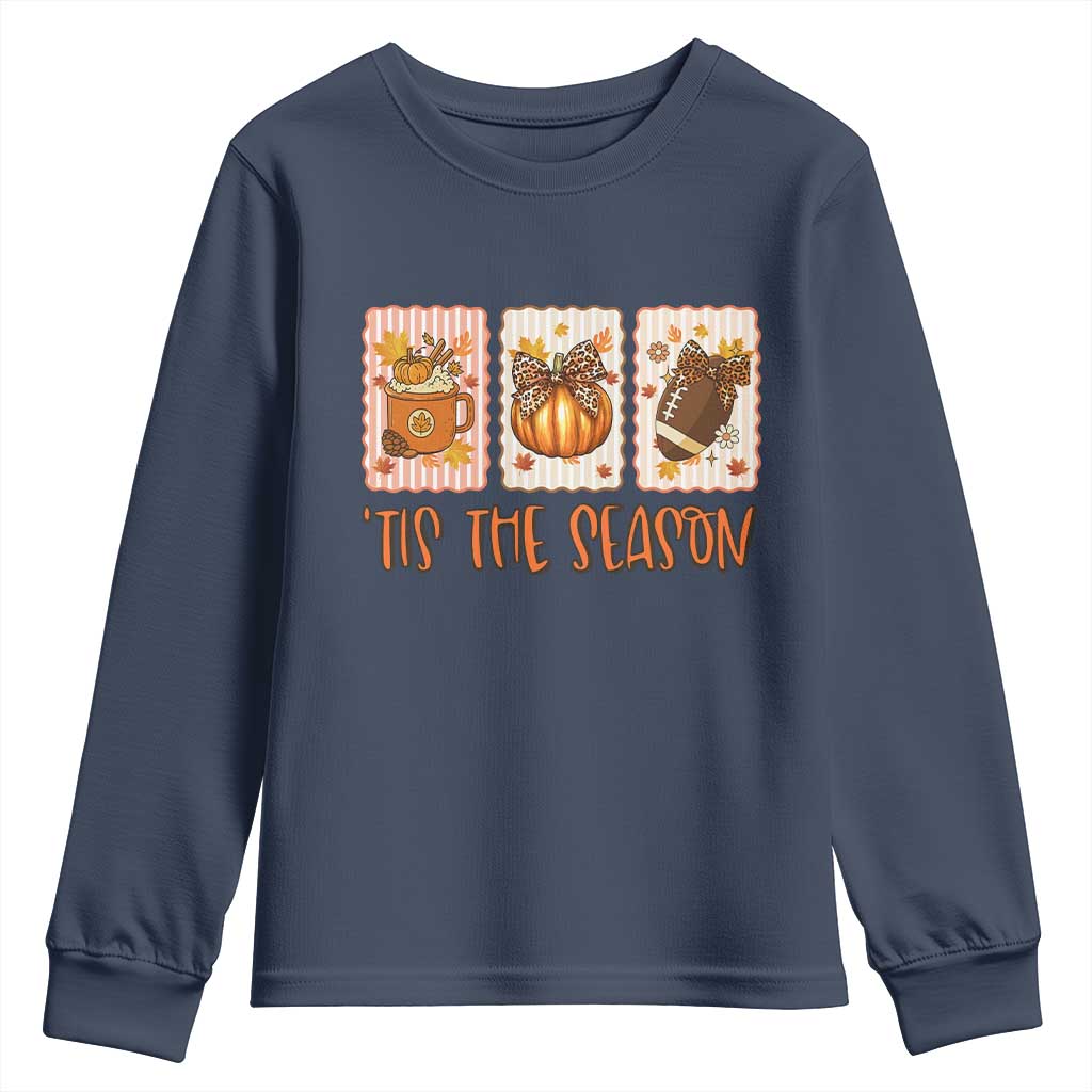 Tis The Season Fall Thanksgiving Youth Sweatshirt American Football Pumpkin Postage Stamps TS11 Navy Print Your Wear