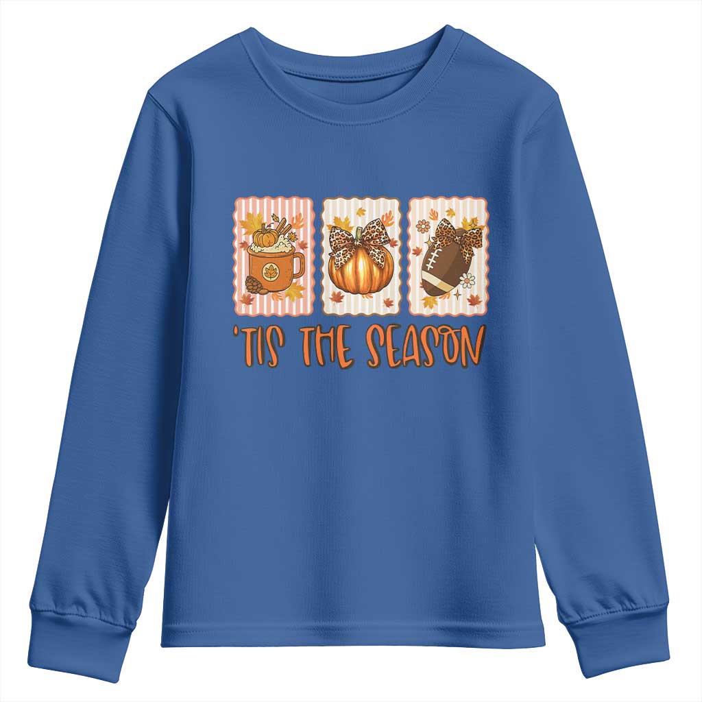 Tis The Season Fall Thanksgiving Youth Sweatshirt American Football Pumpkin Postage Stamps TS11 Royal Blue Print Your Wear