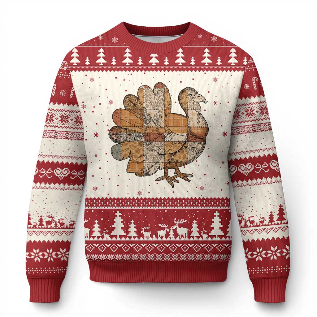 Thanksgiving Vintage Patchwork Gobble Turkey Ugly Christmas Sweater TS11 Beige Red Print Your Wear