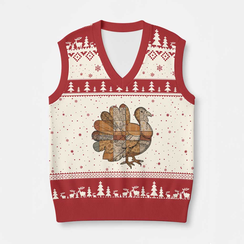Thanksgiving Vintage Patchwork Gobble Turkey V-Neck Knit Sweater Vest TS11 Beige Red Print Your Wear