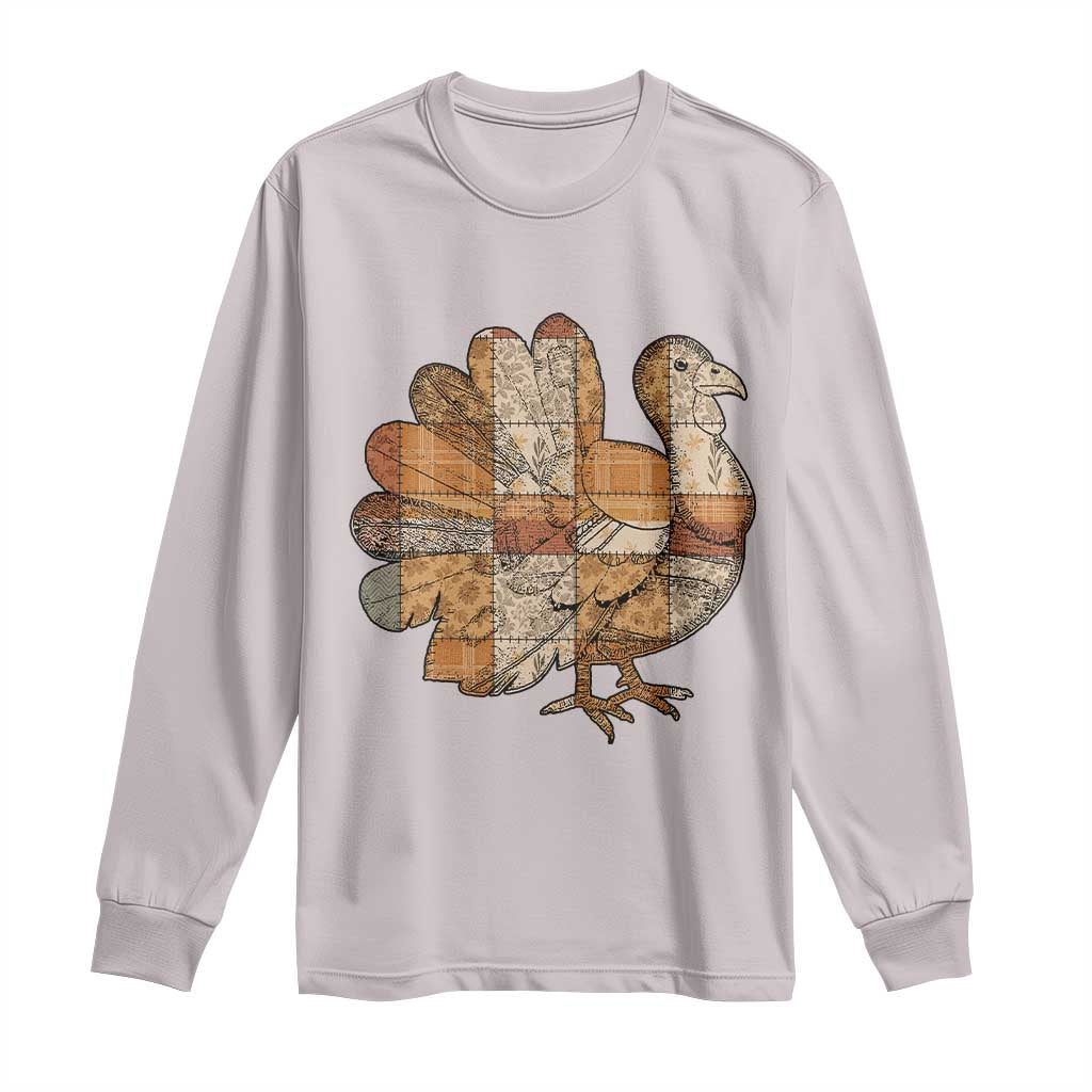 Thanksgiving Vintage Patchwork Gobble Turkey Long Sleeve Shirt TS11 Ice Gray Print Your Wear
