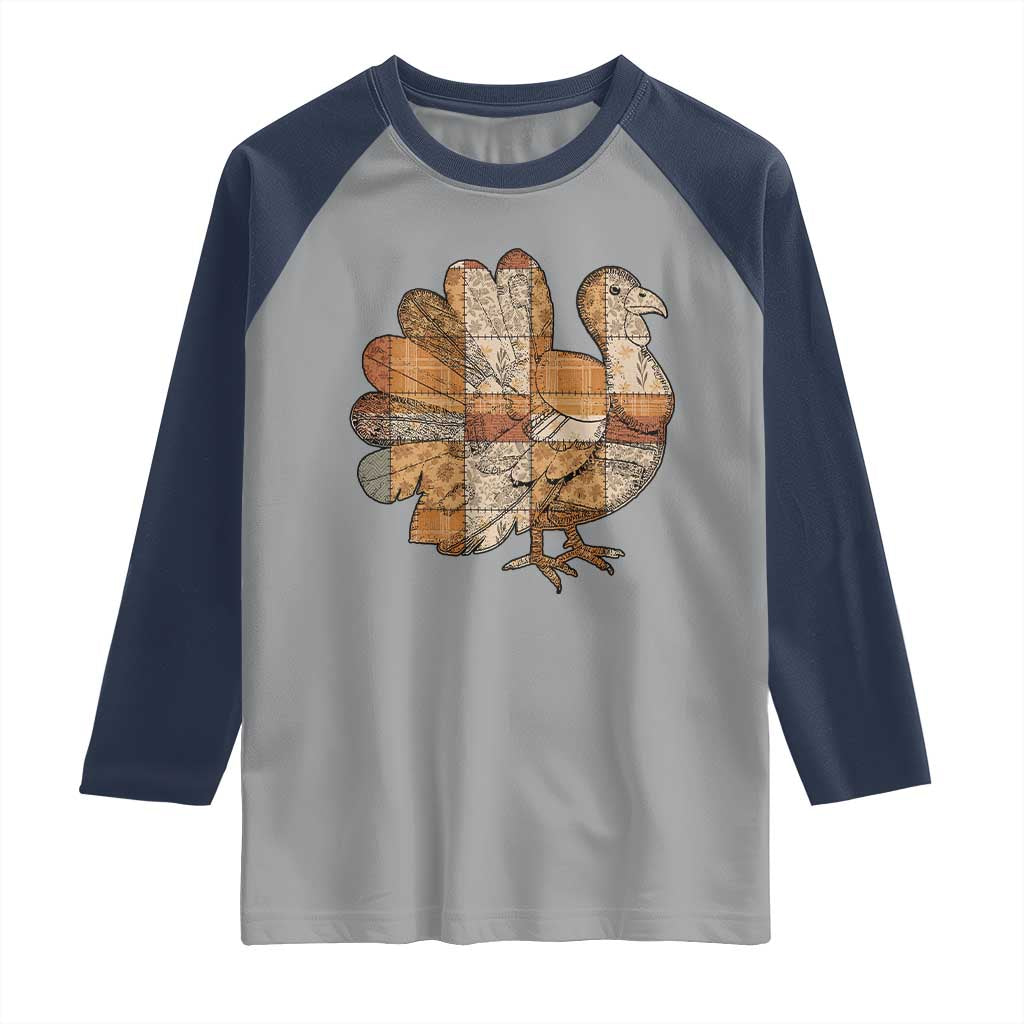 Thanksgiving Vintage Patchwork Gobble Turkey Raglan Shirt TS11 Sport Gray Navy Print Your Wear